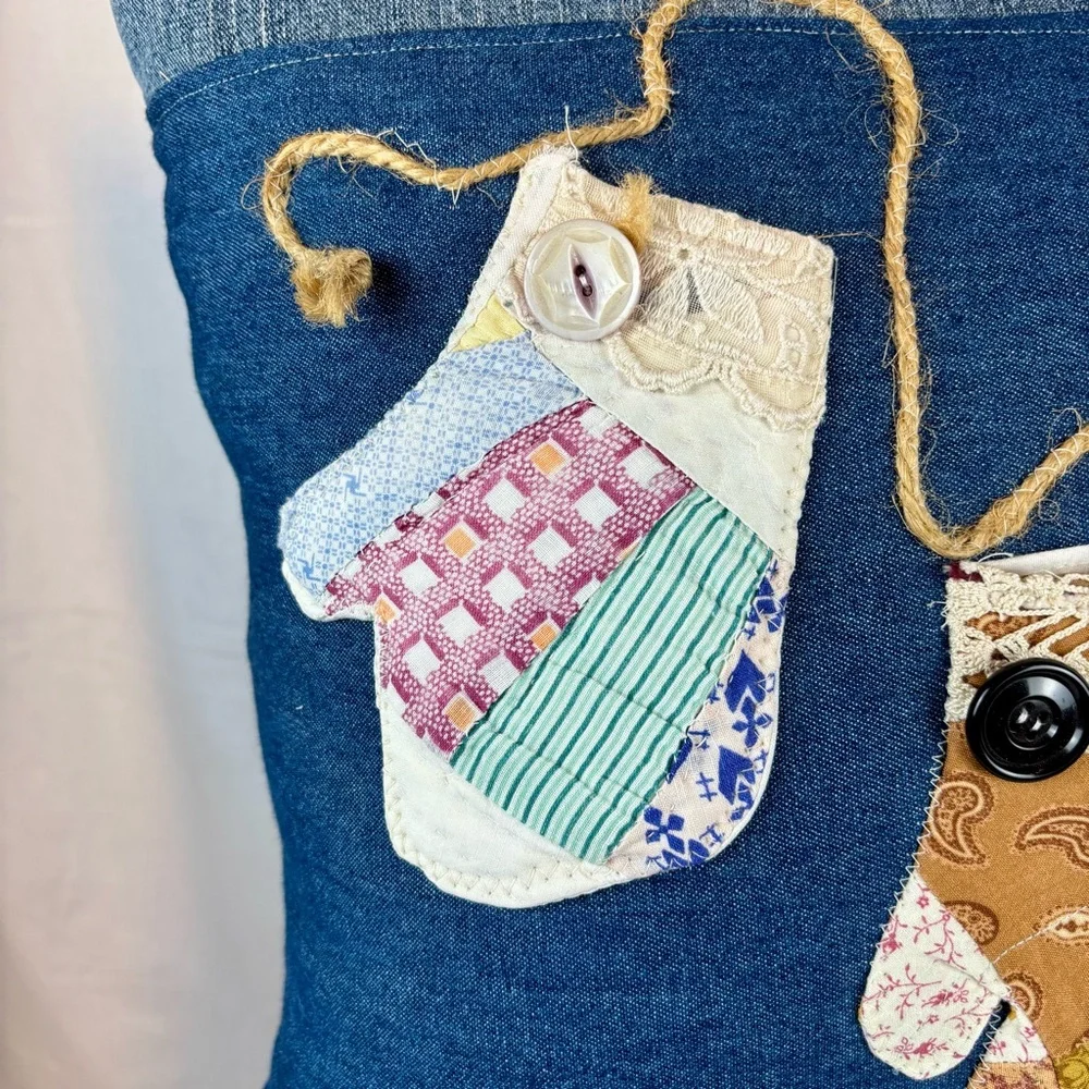 Hand Crafted Denim Pillow with Vintage Embroidered Mittens And Jute‎ Applique